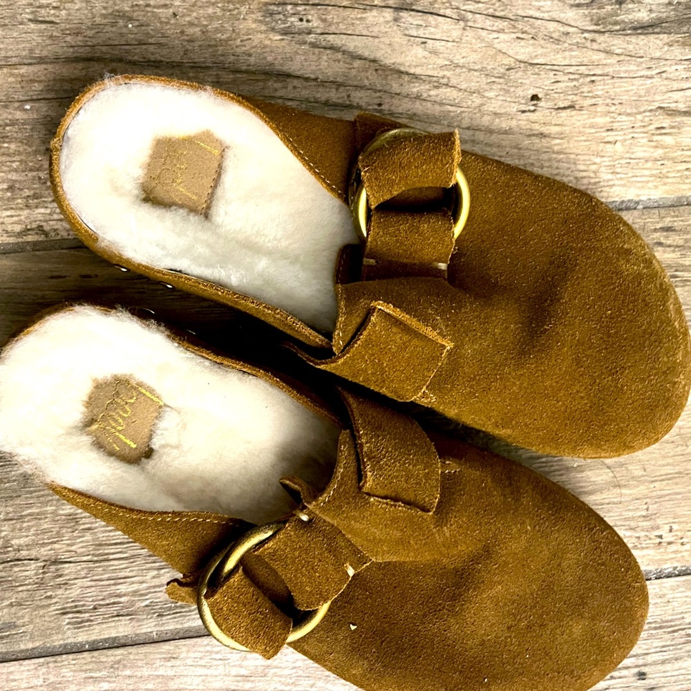 Vulture Shearling Suede Mule Slide color:chestnut